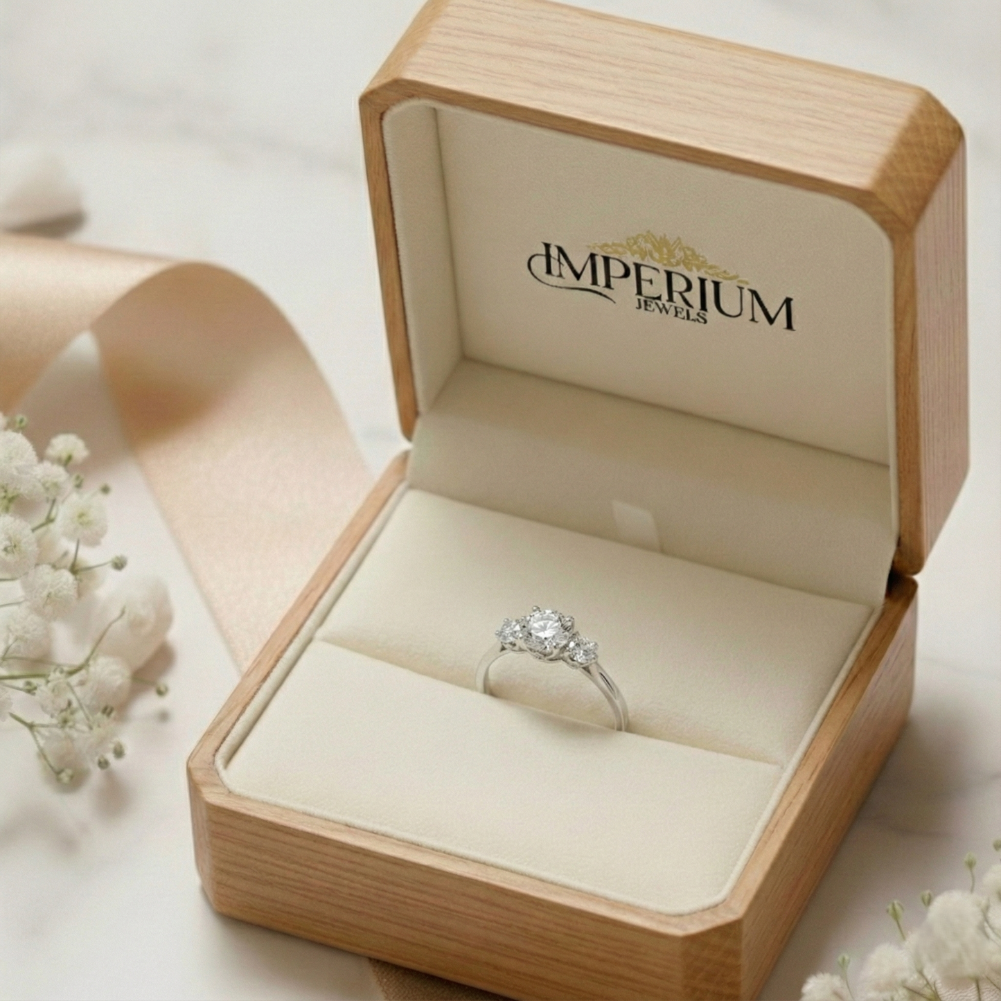 Diamond ring in an open wooden box with 'Imperium Jewels' branding, surrounded by white flowers.