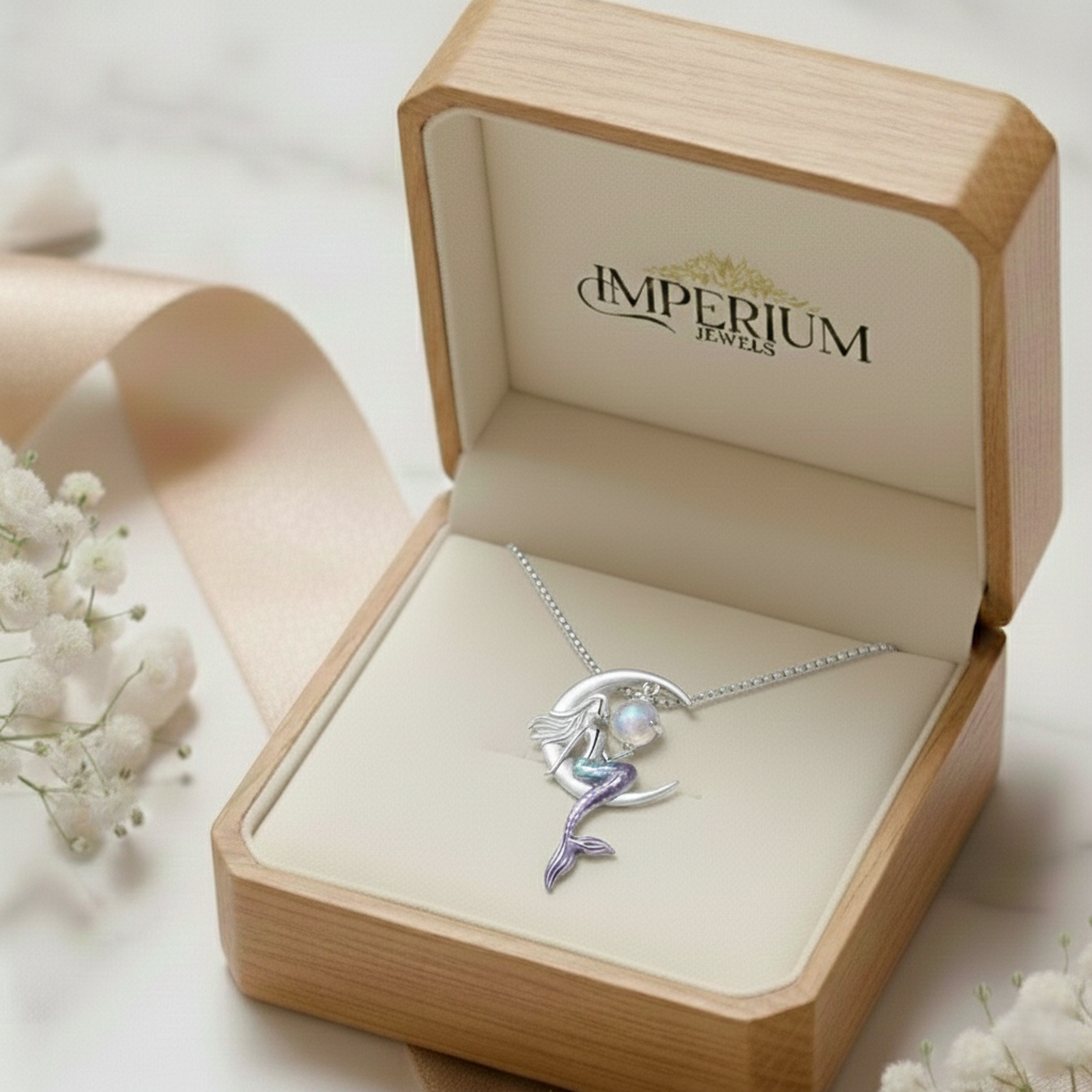 Mermaid necklace in a 'd'Imperium Jewels' box with white flowers around