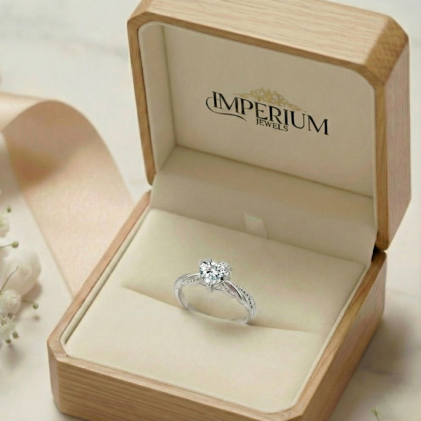 Diamond ring in an open jewelry box with 'Imperium Jewels' branding.