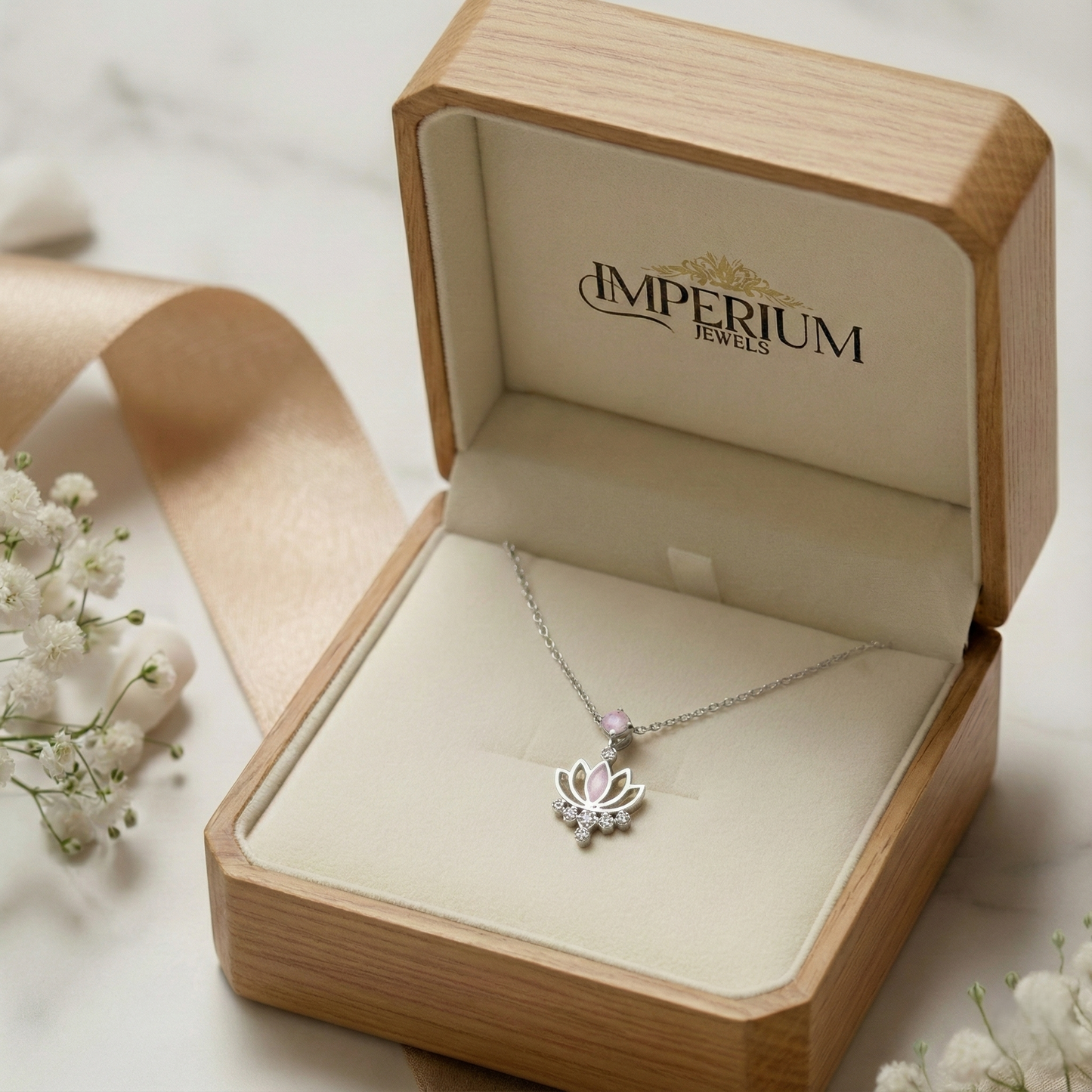 Silver necklace with a lotus flower pendant in an open 'Imperium Jewels' box on a light background.