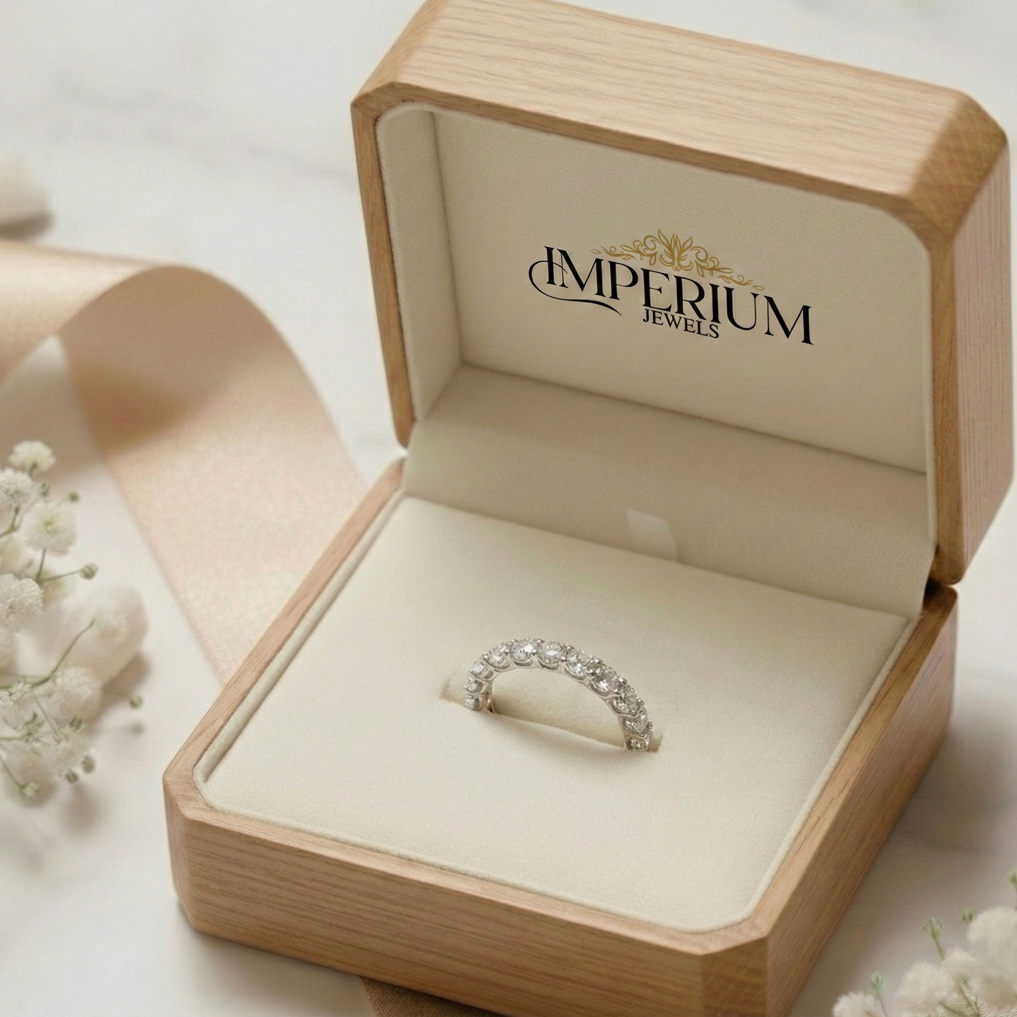 Silver ring in a wooden box with 'Imperium Jewels' branding, surrounded by small white flowers.