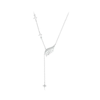 Silver necklace with star-shaped pendants on a white background