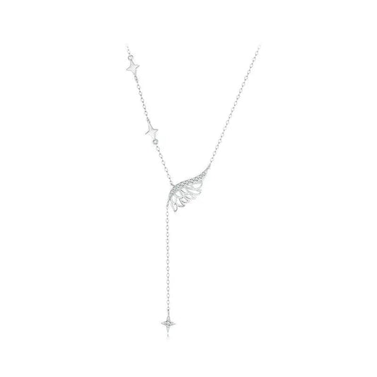 Silver necklace with star-shaped pendants on a white background
