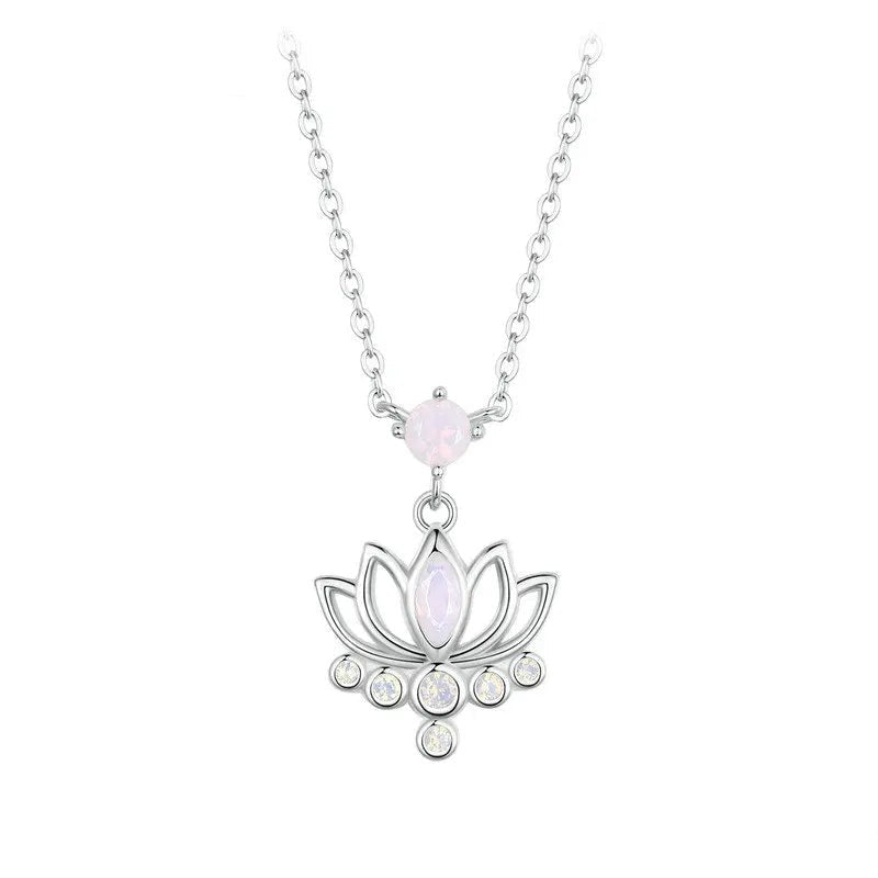 Silver necklace with a lotus flower pendant on a white background