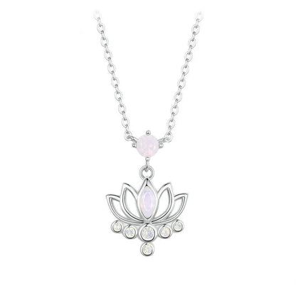 Silver necklace with a lotus flower pendant on a white background