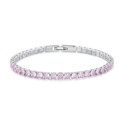 Silver bracelet with pink gemstones on a white background