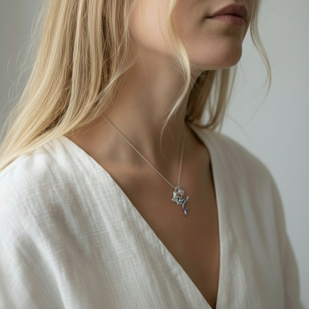 Woman wearing a delicate necklace with a floral pendant against a neutral background
