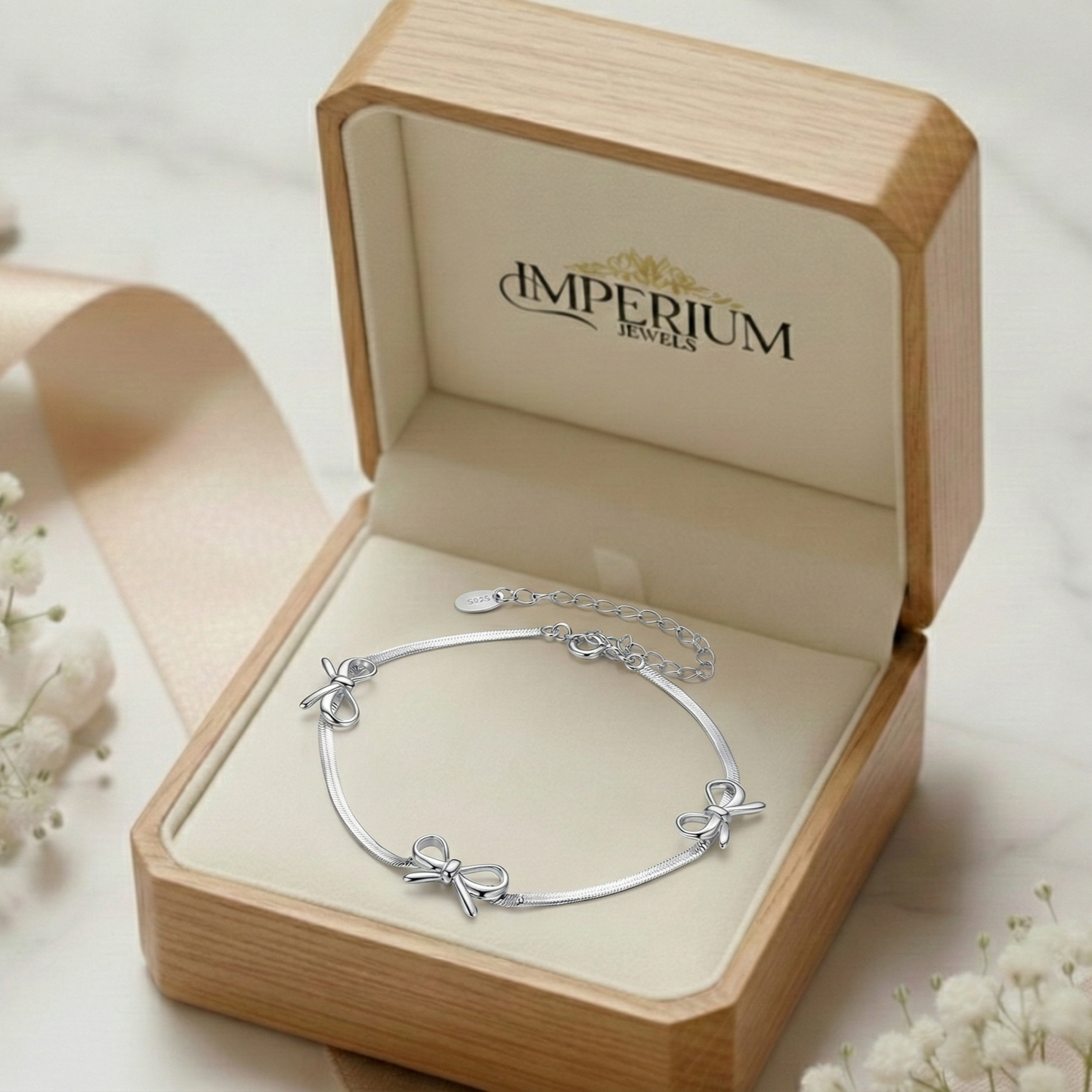 Silver bracelet in a wooden box with 'Imperium Jewels' branding, surrounded by white flowers.