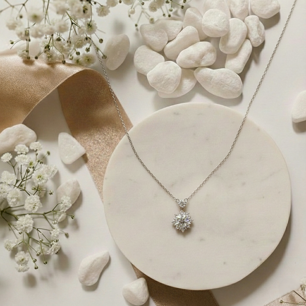 Silver necklace with a diamond pendant on a marble surface with white flowers and stones.