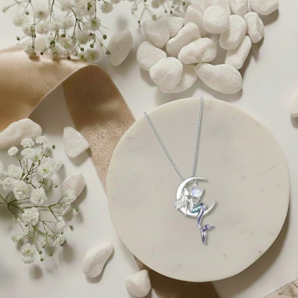 Silver mermaid necklace on a white stone surface with flowers and ribbon