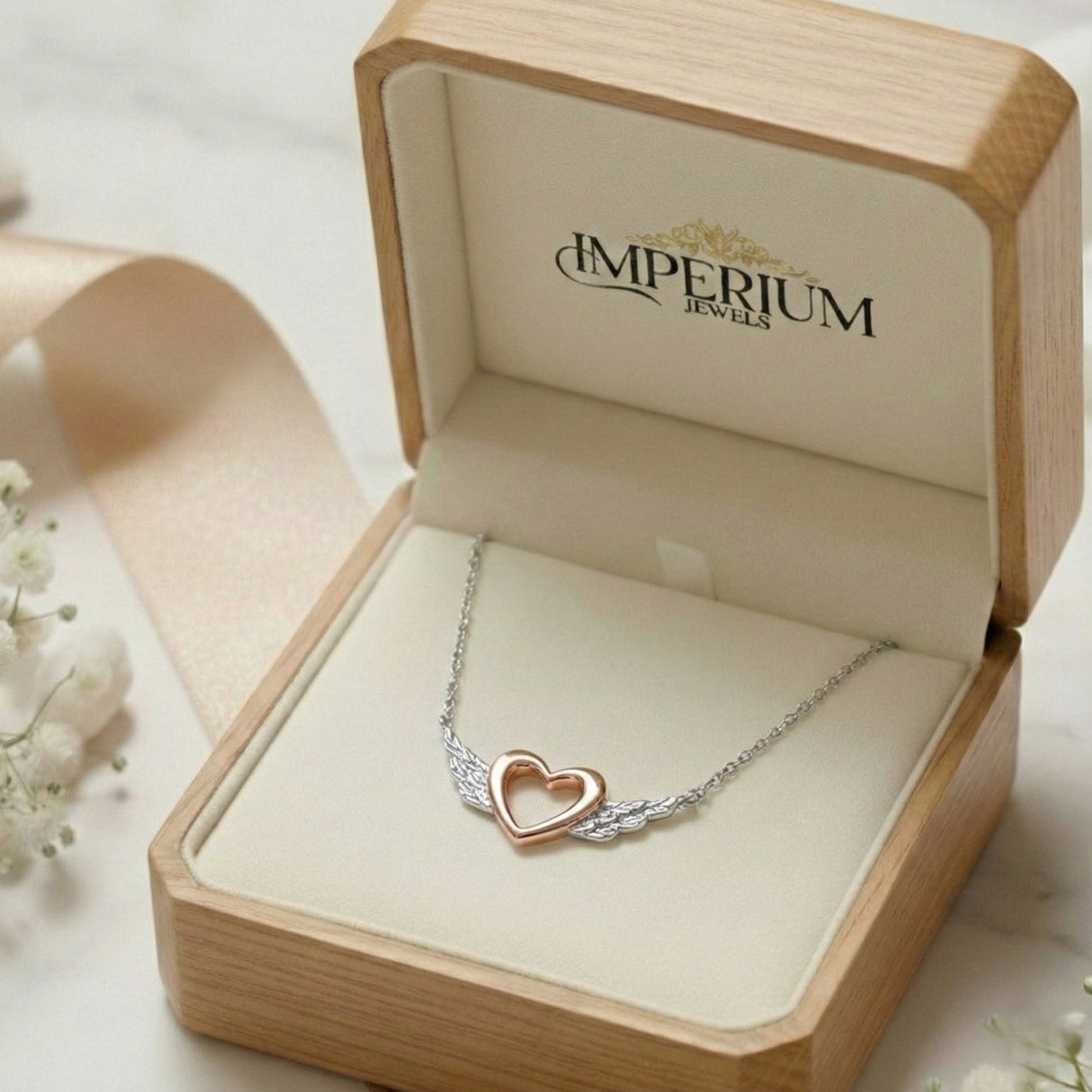 Heart-shaped necklace in a 'Imperium Jewels' box with a soft background