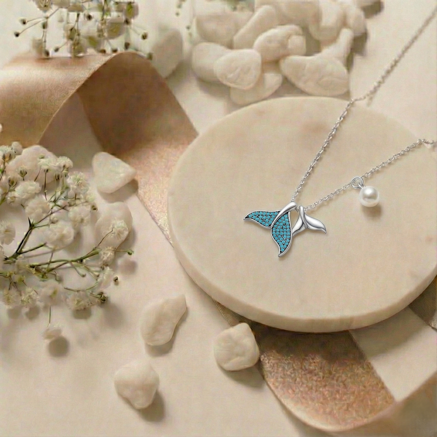 Mermaid tail necklace with blue accents on a stone surface with flowers