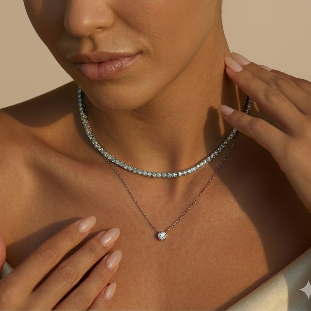 Close-up of a woman wearing a diamond necklace with a blurred background