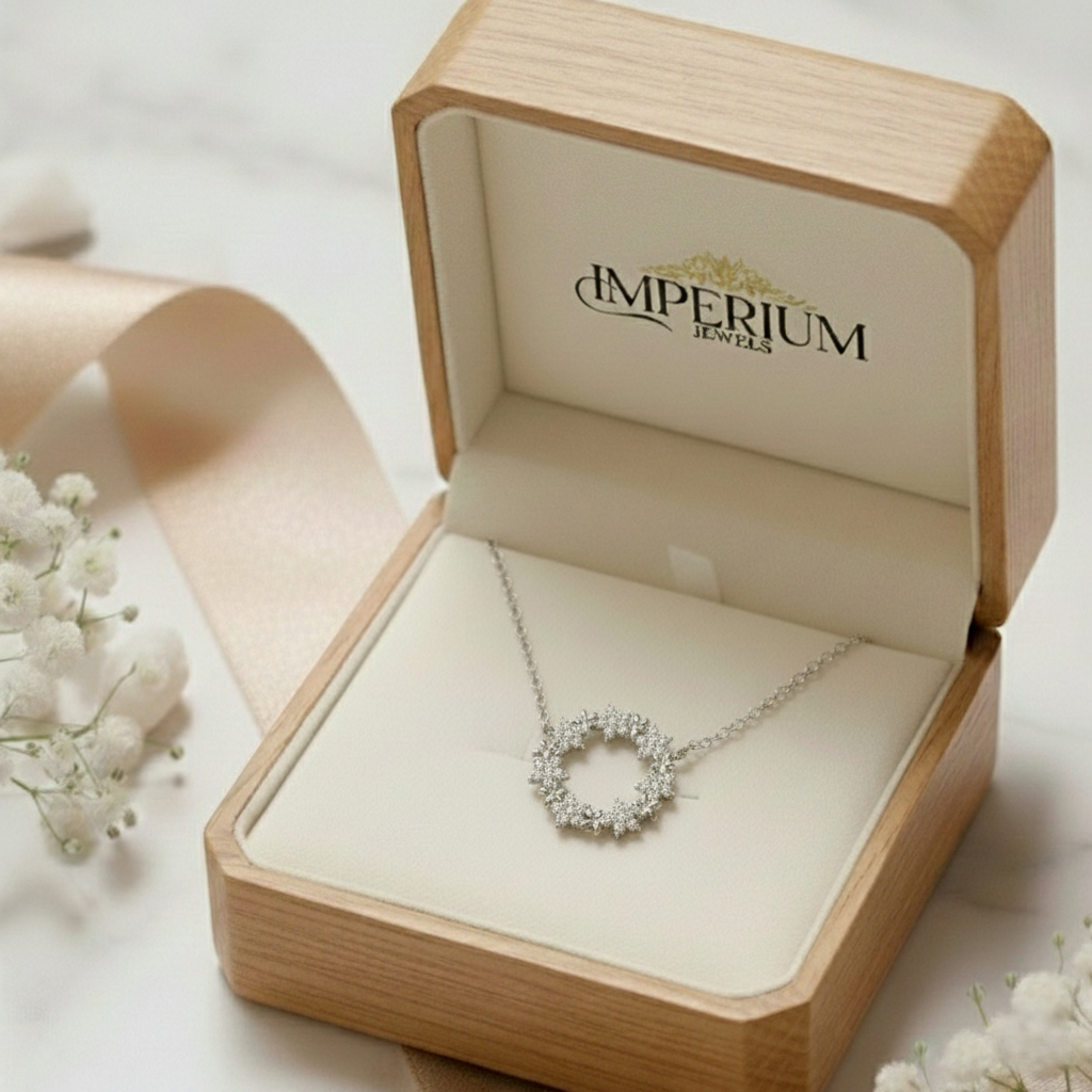 Jewelry box with a diamond necklace inside, branded 'Imperium Jewels'.