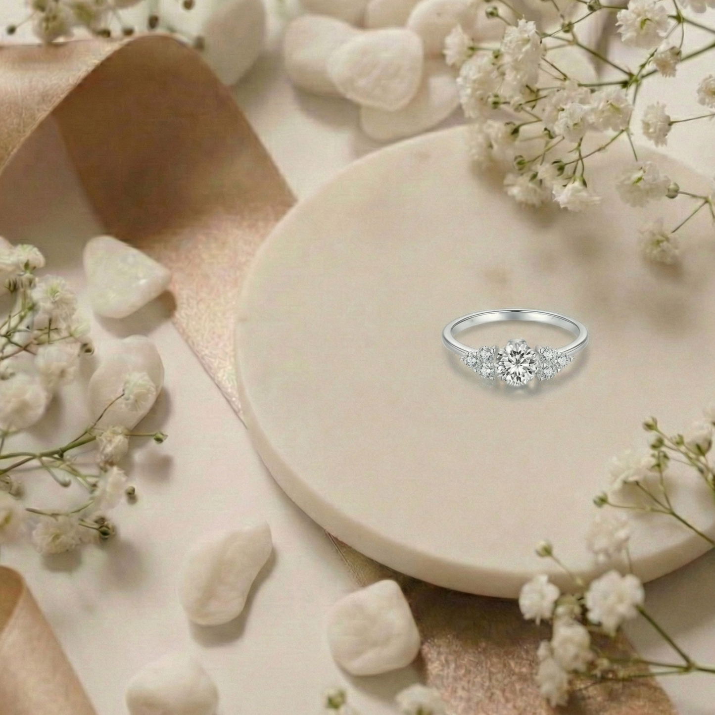Silver ring on a stone surface with small white flowers