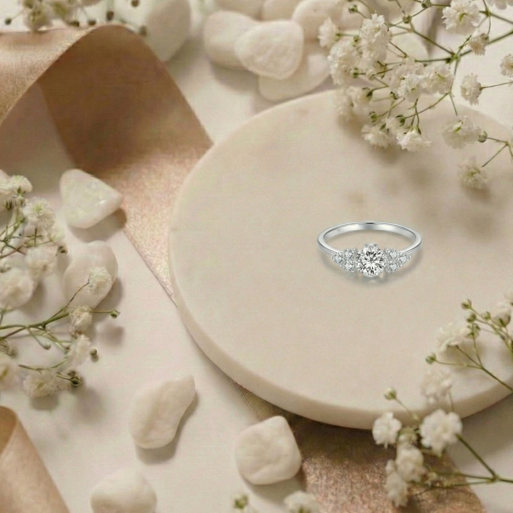 Silver ring on a stone surface with small white flowers