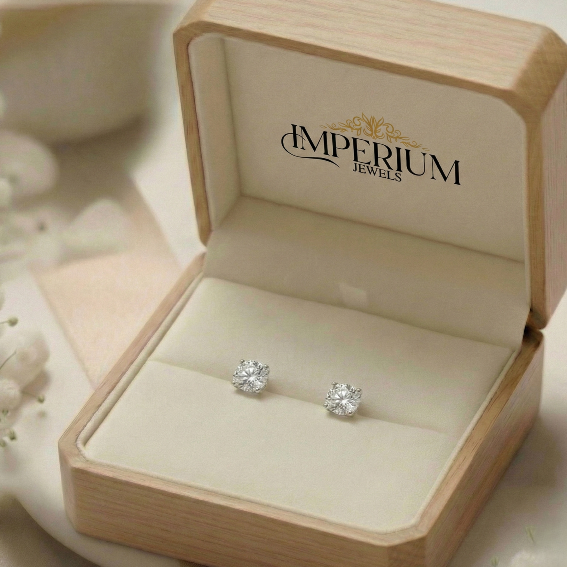 Diamond stud earrings in a 'Imperium Jewels' box on a soft background