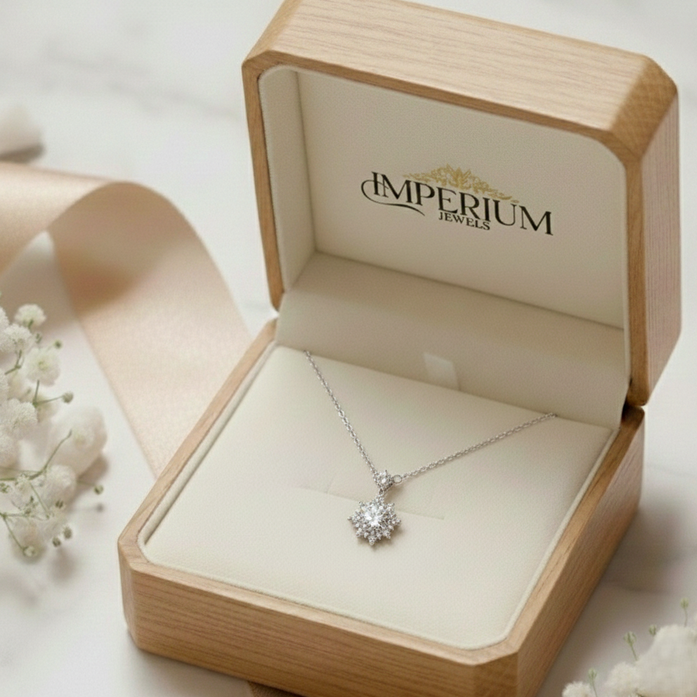 Silver necklace in an open jewelry box with 'Imperium Jewels' branding.
