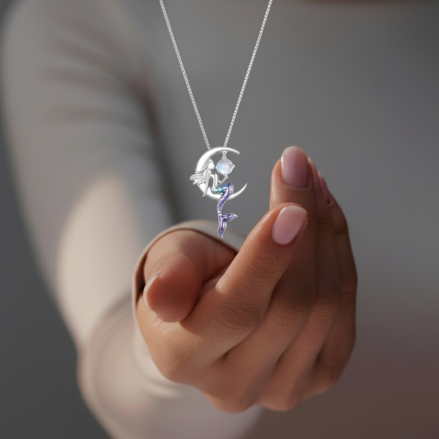 Hand holding a silver necklace with a mermaid and moon pendant against a neutral background