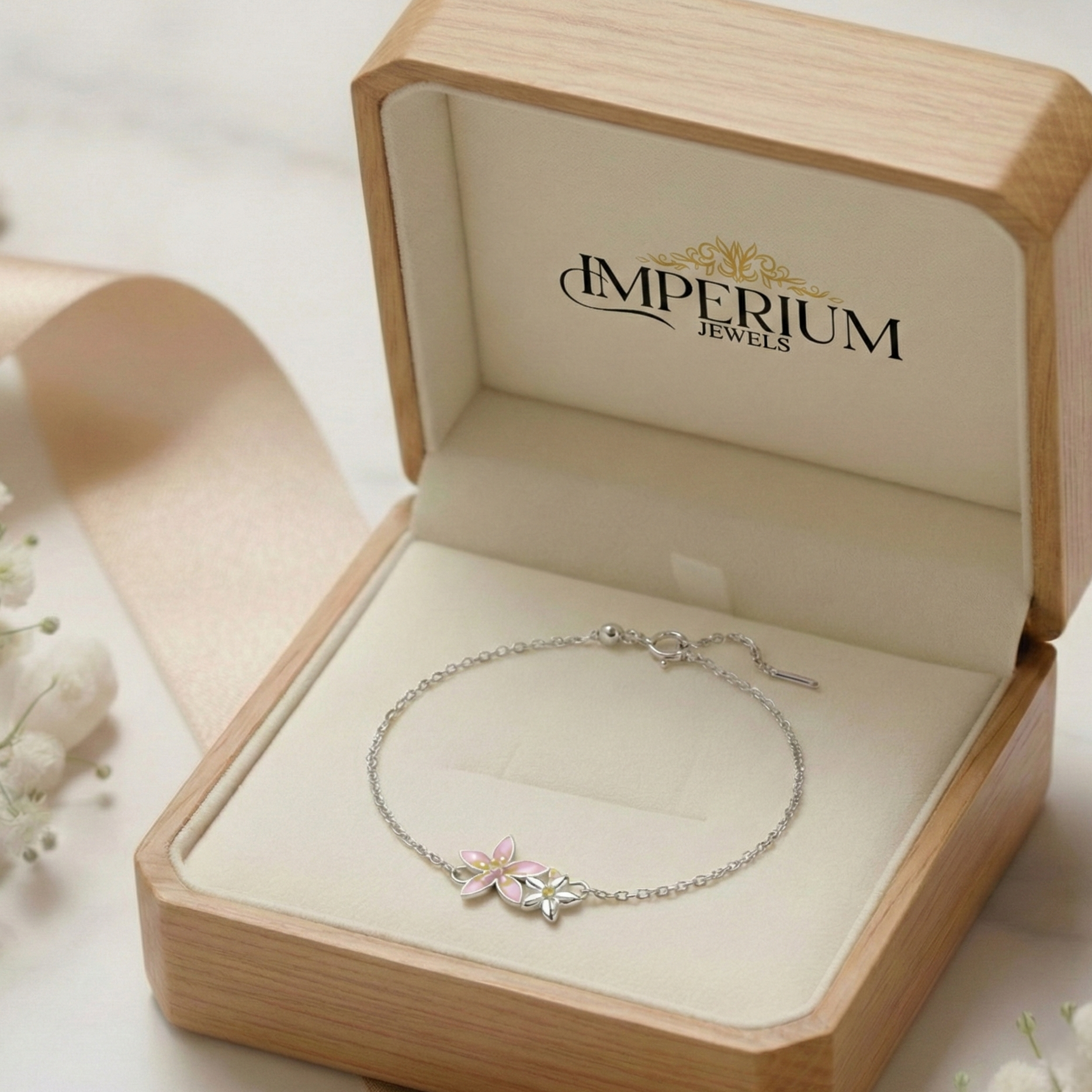 Silver bracelet with floral design in an open 'Imperium Jewels' box.