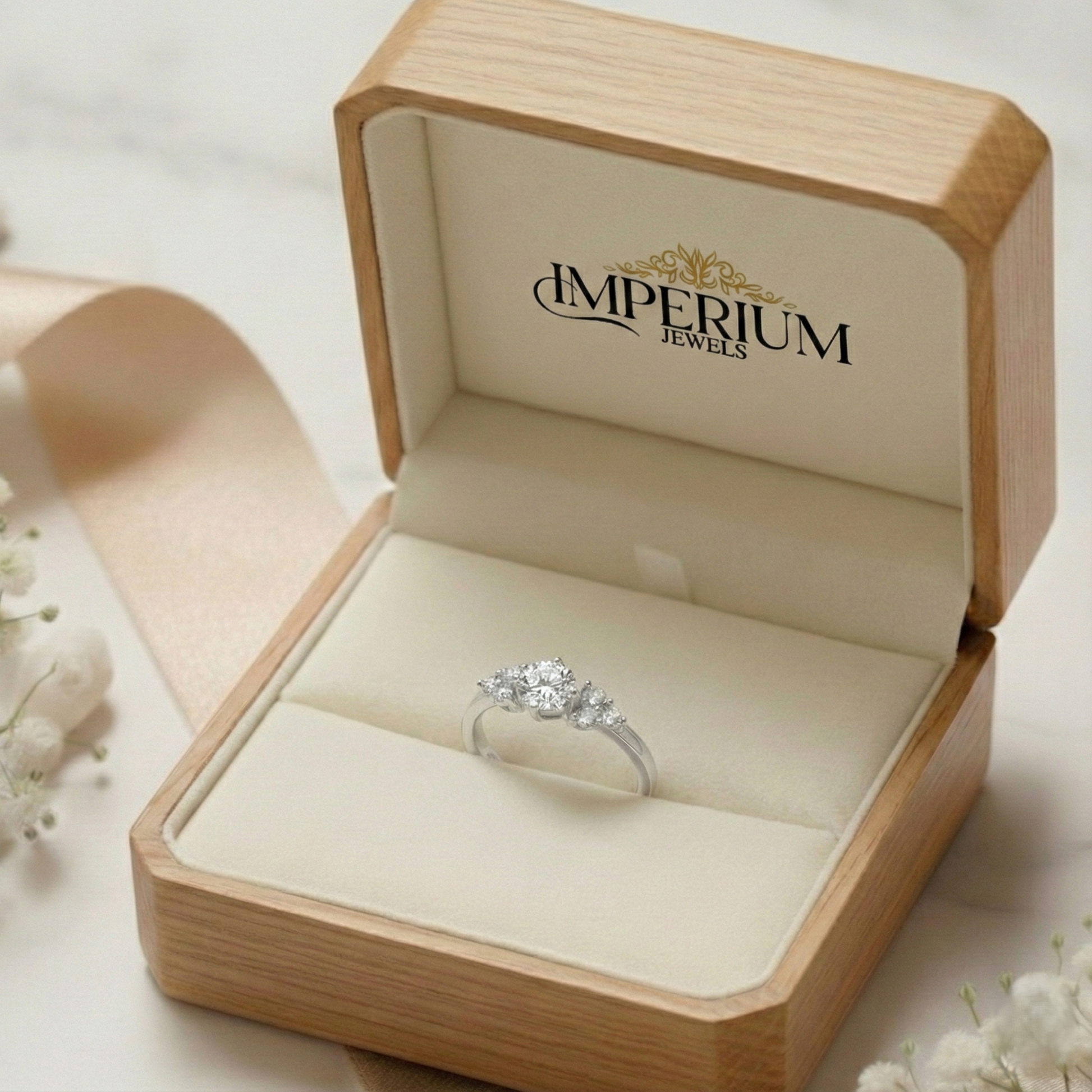 Diamond ring in a wooden box with 'Imperium Jewels' branding