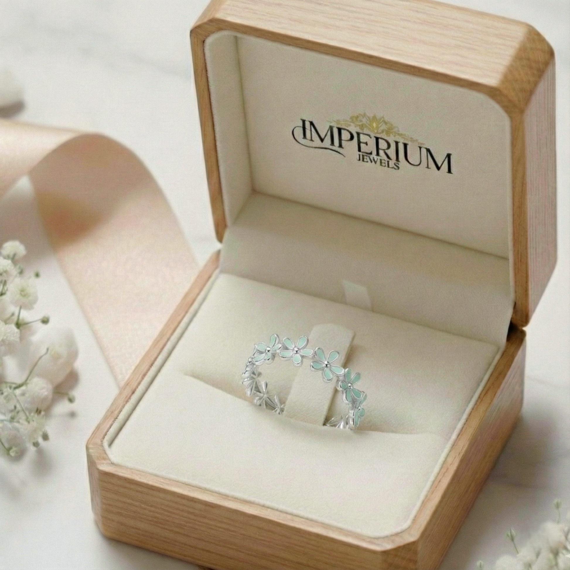 Jewelry box with a ring inside, branded 'Imperium Jewels', on a light background.
