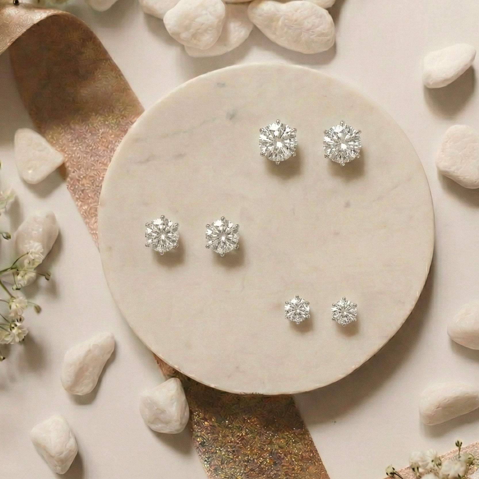 Silver earrings on a marble surface with stones and flowers