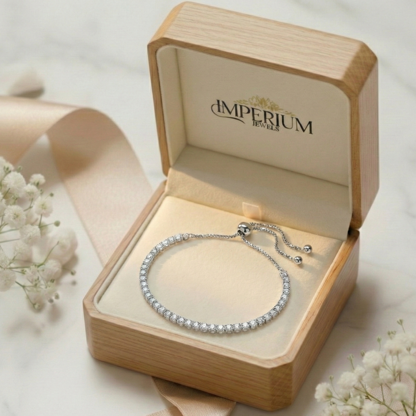 Silver bracelet in an open wooden box with 'Imperium' branding, surrounded by white flowers.
