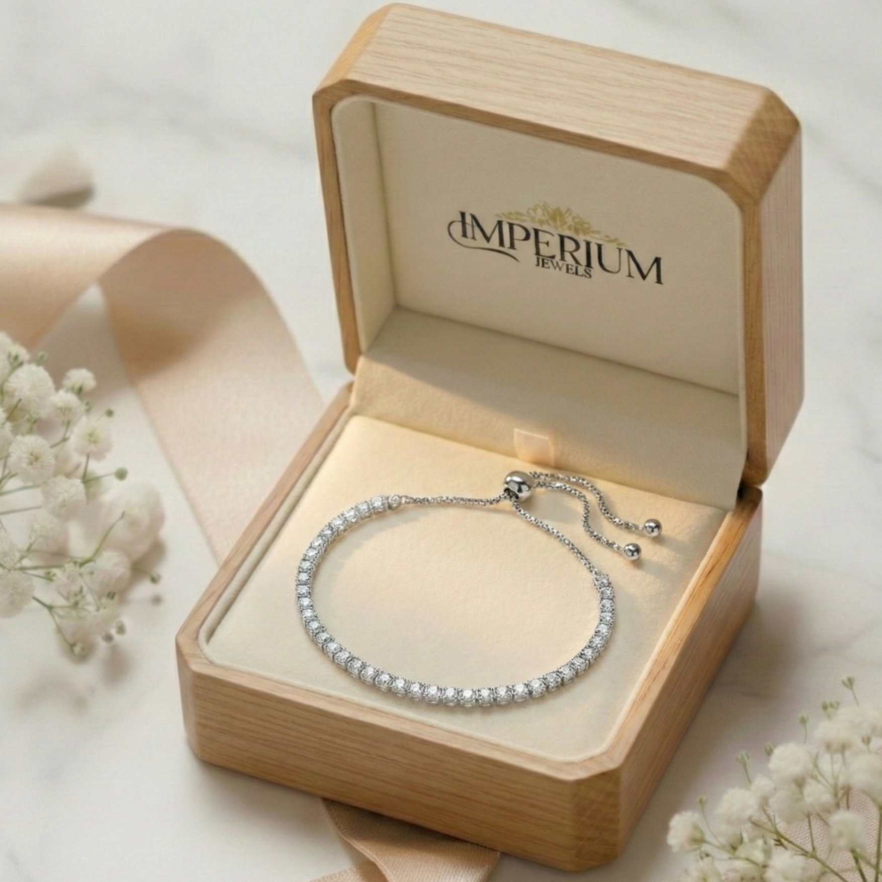 Silver bracelet in an open wooden box with 'Imperium' branding, surrounded by white flowers.
