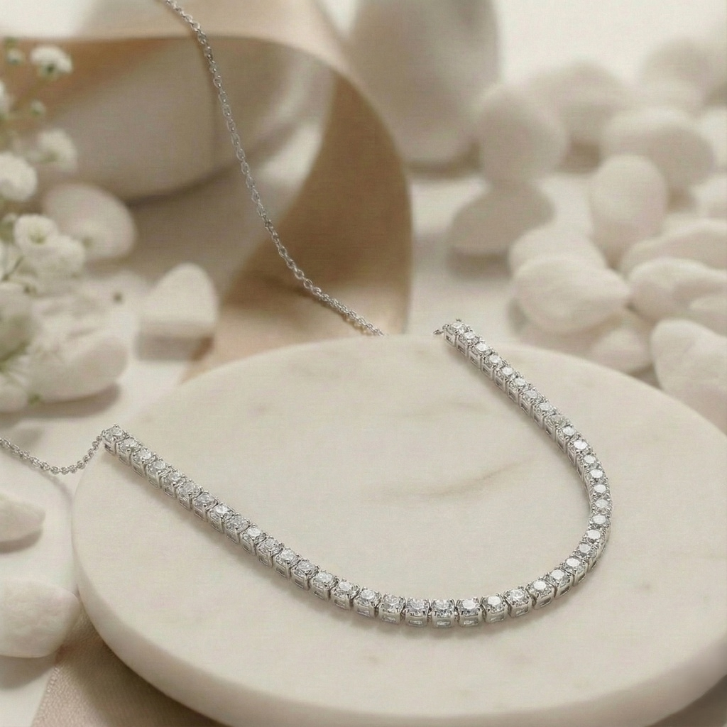 Silver necklace with small diamonds on a white stone surface