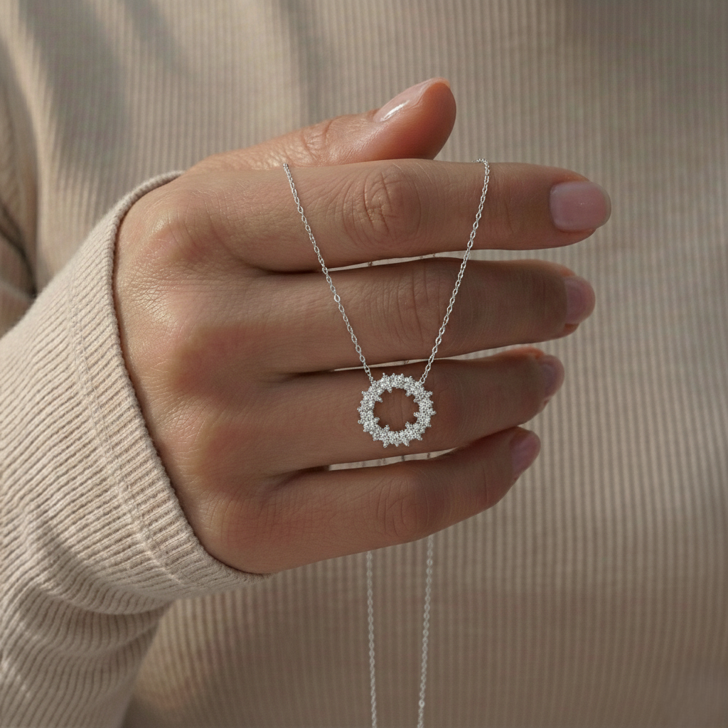 Hand holding a silver necklace with a circular pendant against a neutral background