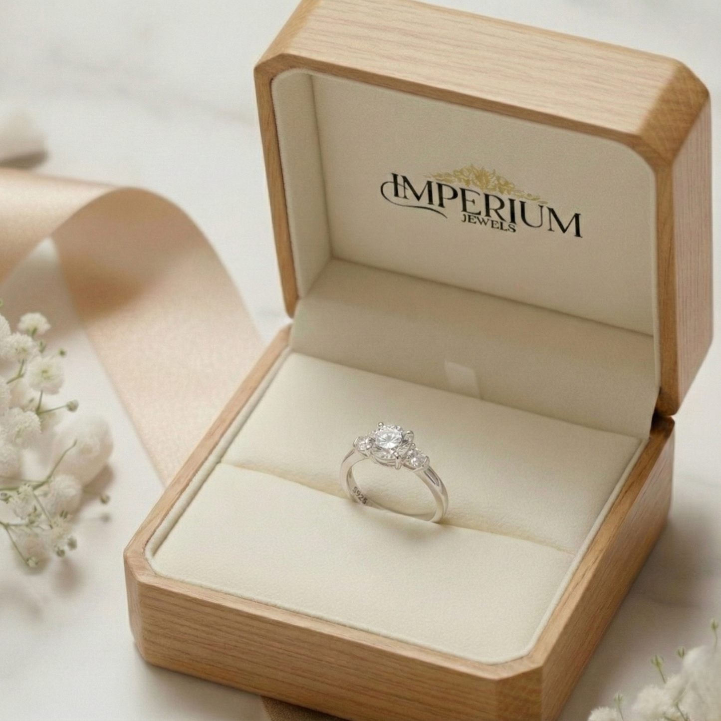 Diamond ring in a wooden box with 'Imperium Jewels' branding on a light background.