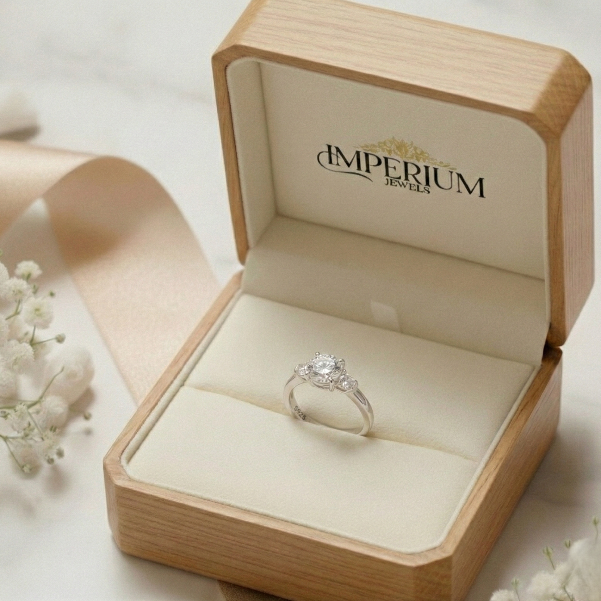 Diamond ring in a wooden box with 'Imperium Jewels' branding on a light background.
