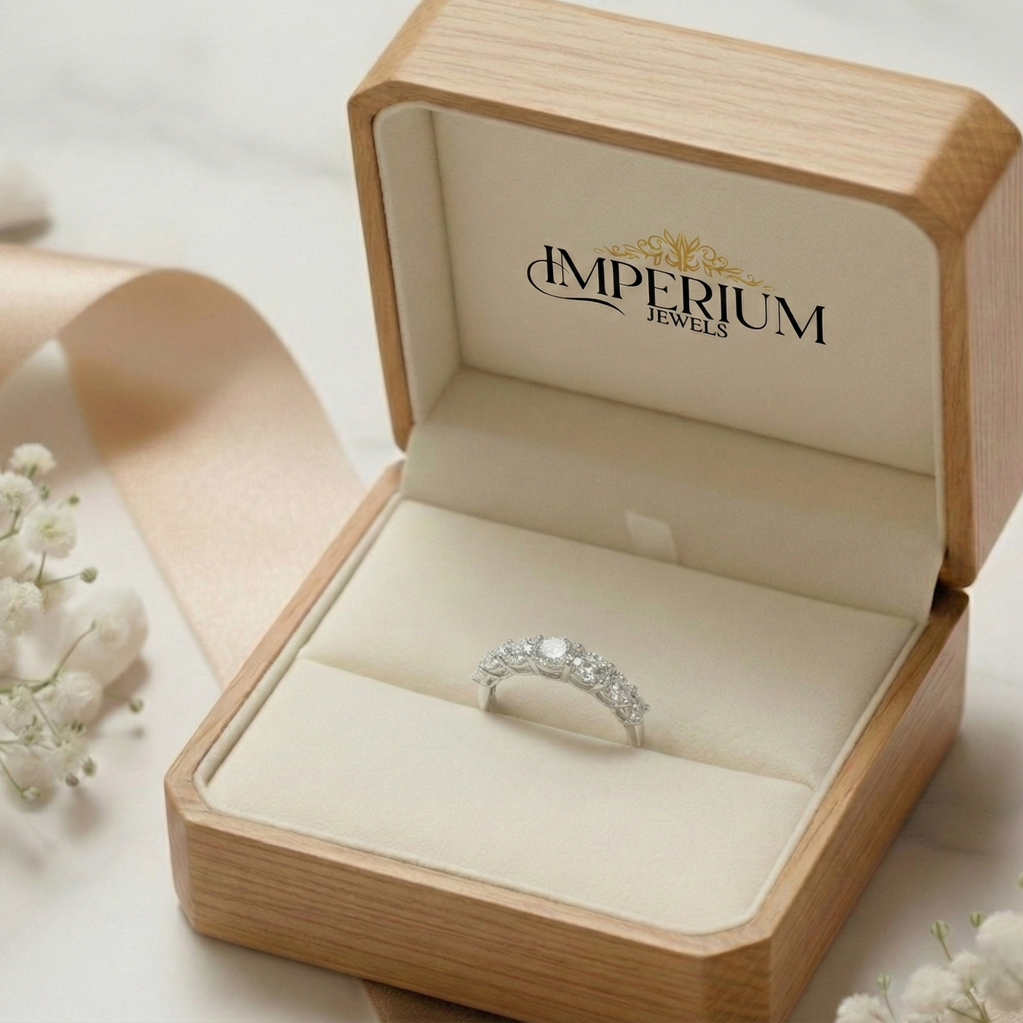 Silver ring in a wooden jewelry box with 'Imperium Jewels' branding.