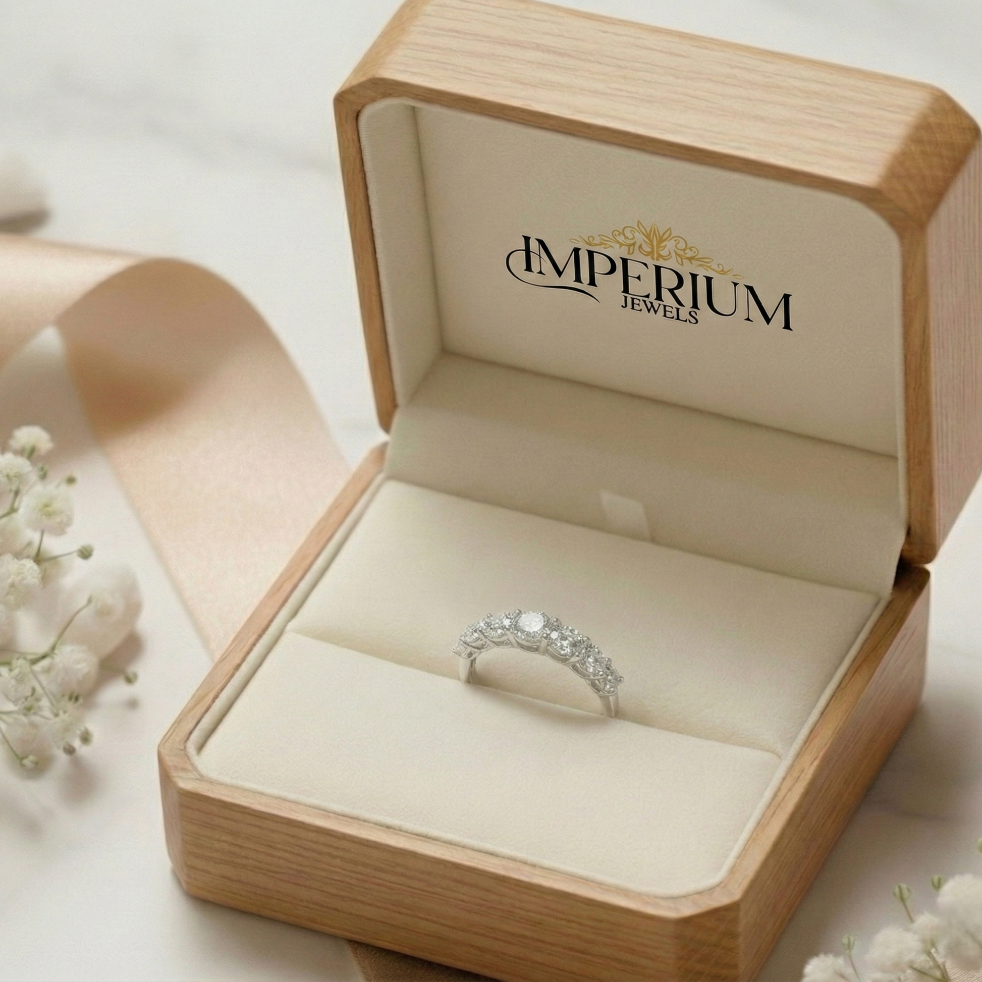 Silver ring in a wooden jewelry box with 'Imperium Jewels' branding.