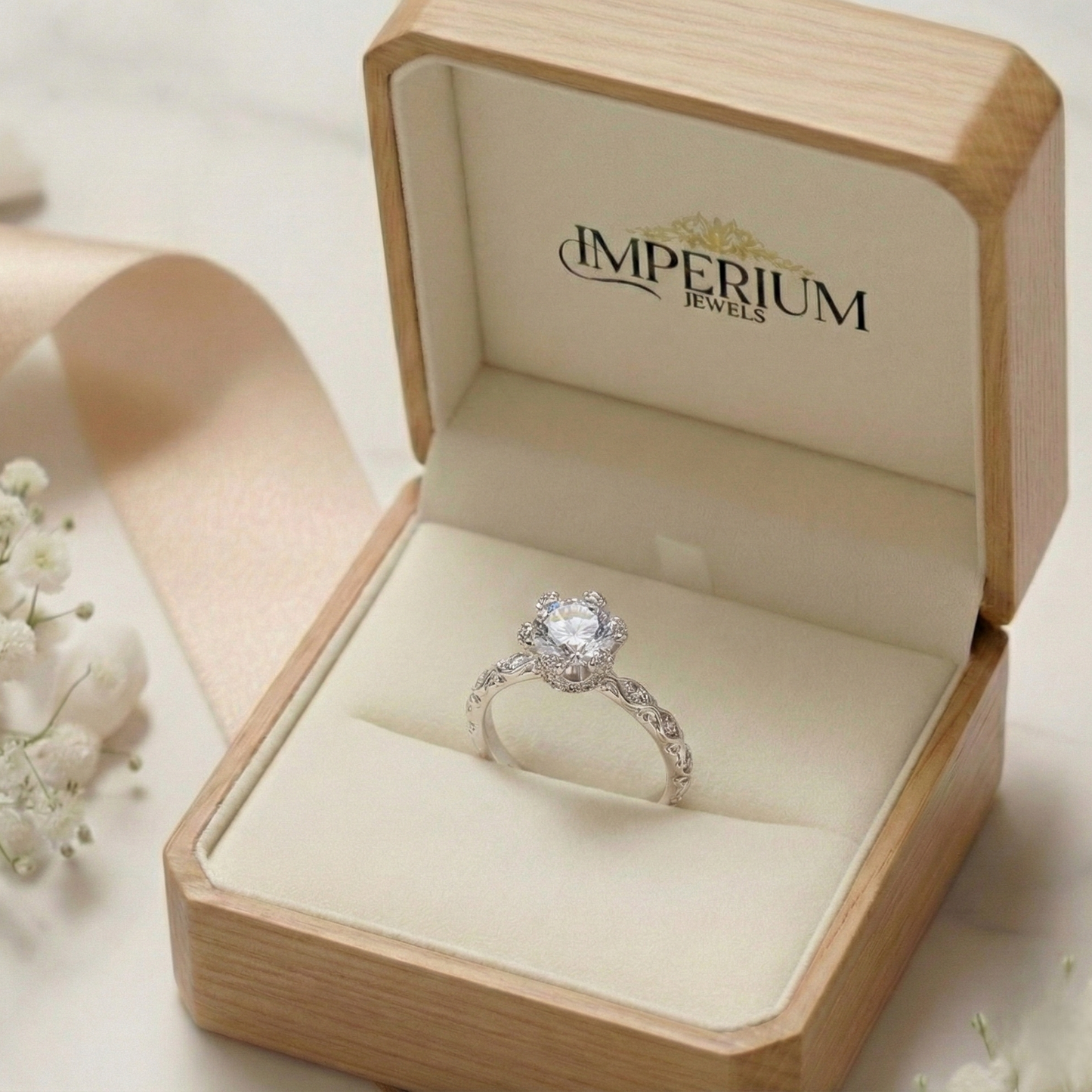 Silver ring in a wooden box with 'Imperium Jewels' branding