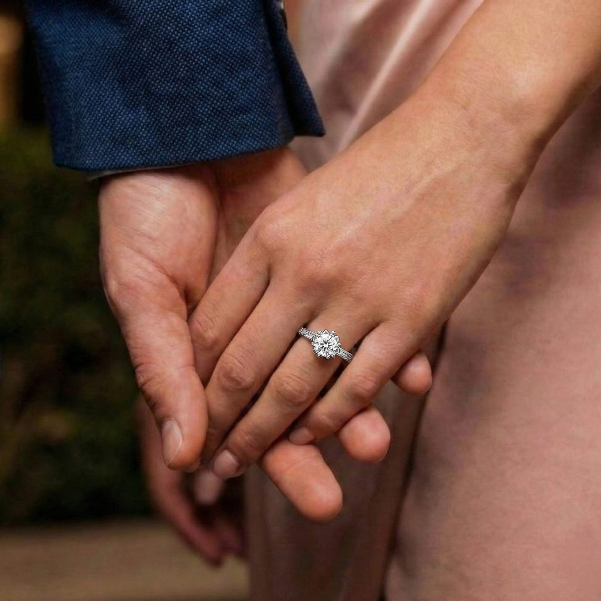 Close-up of hands holding each other with a diamond ring on one hand.
