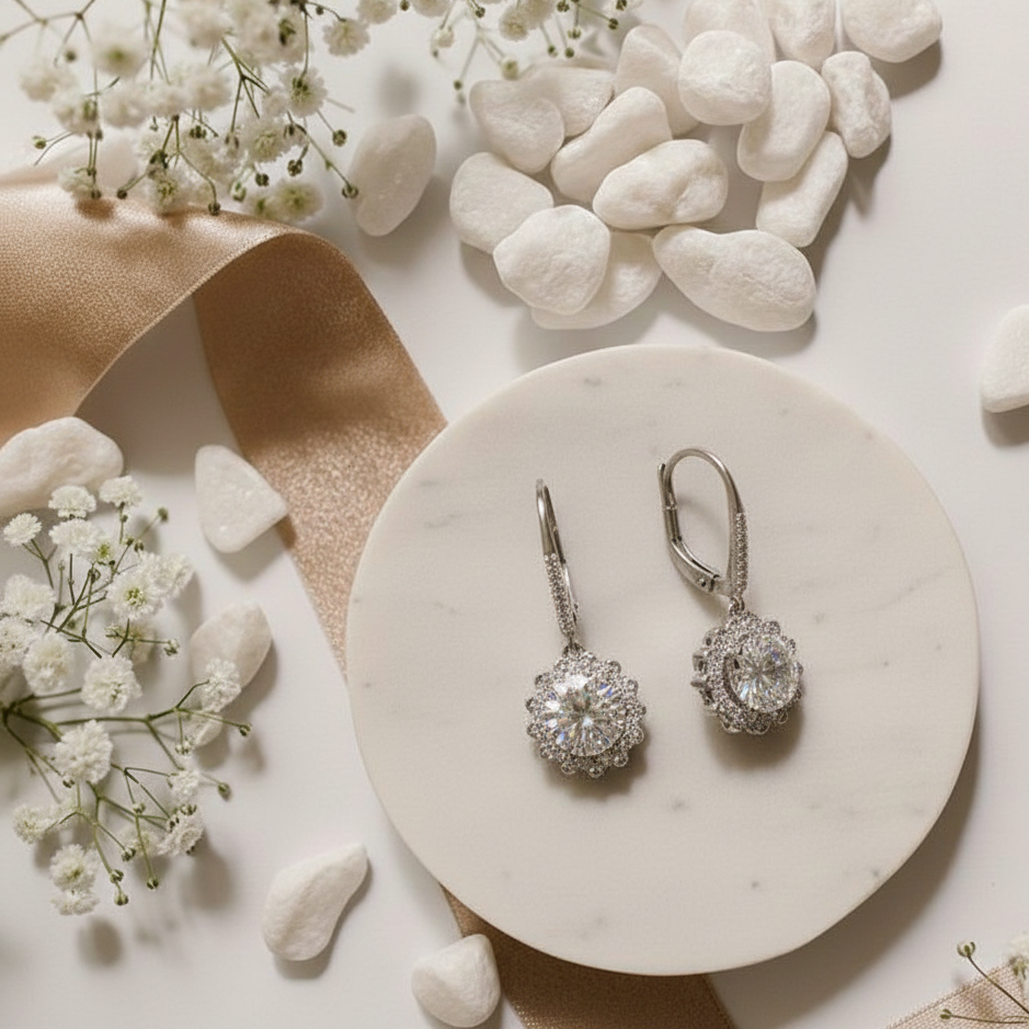Silver earrings on a marble plate with white flowers and stones
