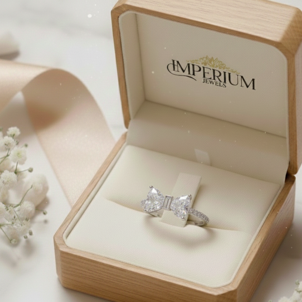 Diamond ring in a wooden box with 'd'IMPERIUM JEWELS' branding