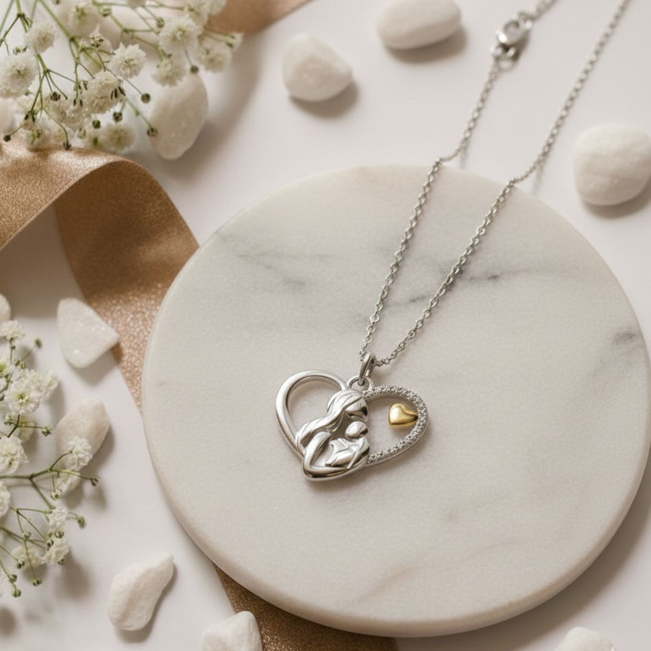 Close-up of silver heart pendant highlighting mother-and-child silhouette detail